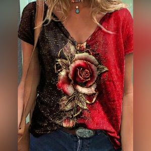 Rose Print Women’s short sleeve T-shirt Sz M New